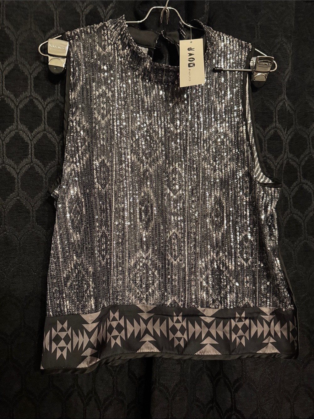 Silver Sequin Sleeveless top with Patterned Hem